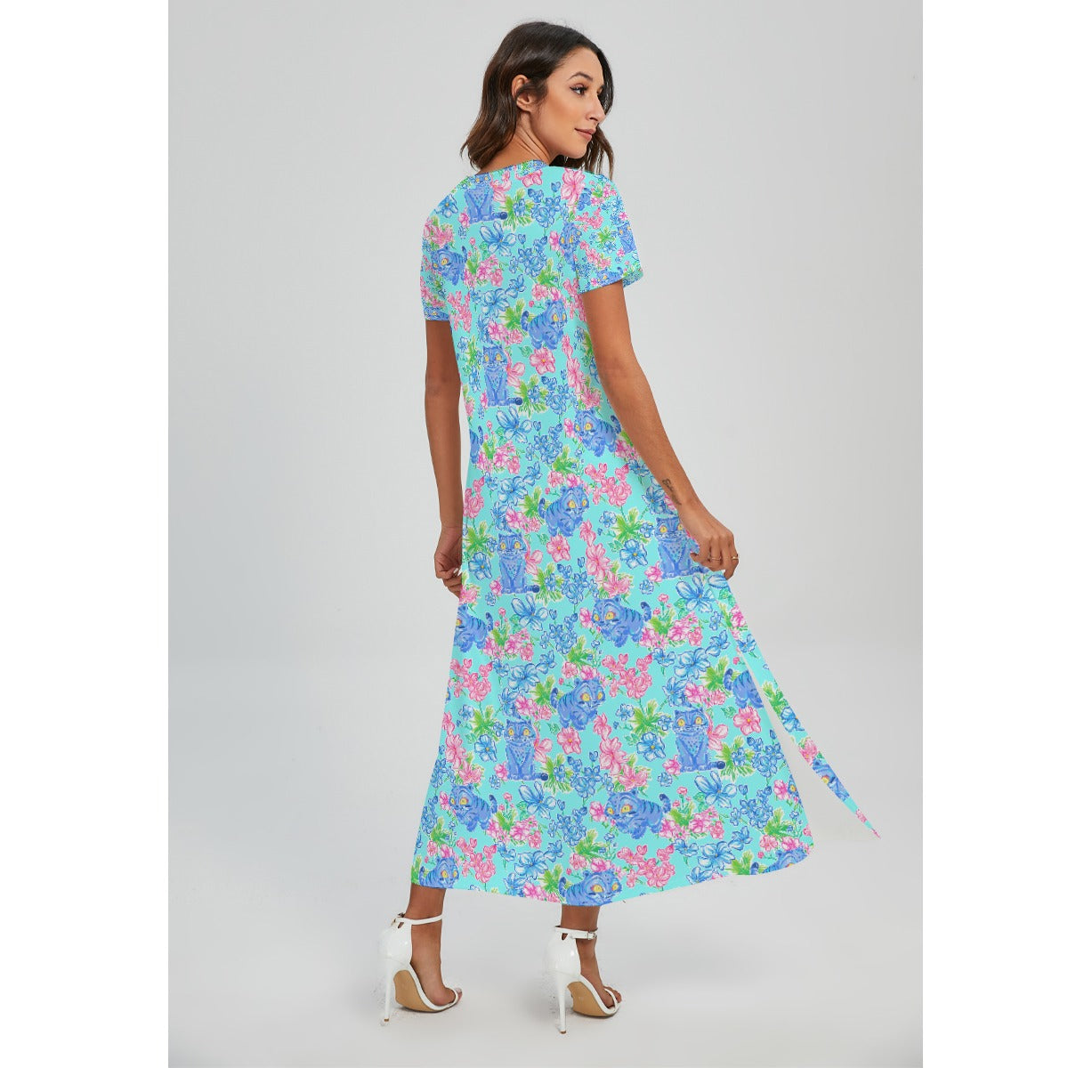Derpy Tiger Blooms - Women's V-Neck Side Split Maxi Dress