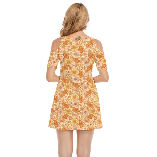 Orange Crystal Moths - Women's Cold Shoulder Cotton Dress
