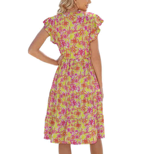 Neon Tropical Floral Friends - Women's Tiered Pocket Midi Dress