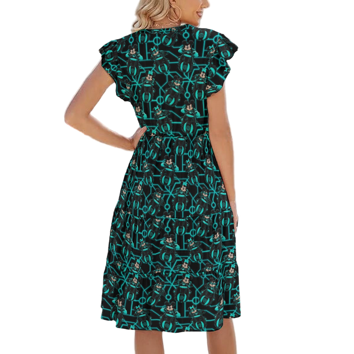 Electric Neon Grid Adventure - Women's Tiered Pocket Midi Dress