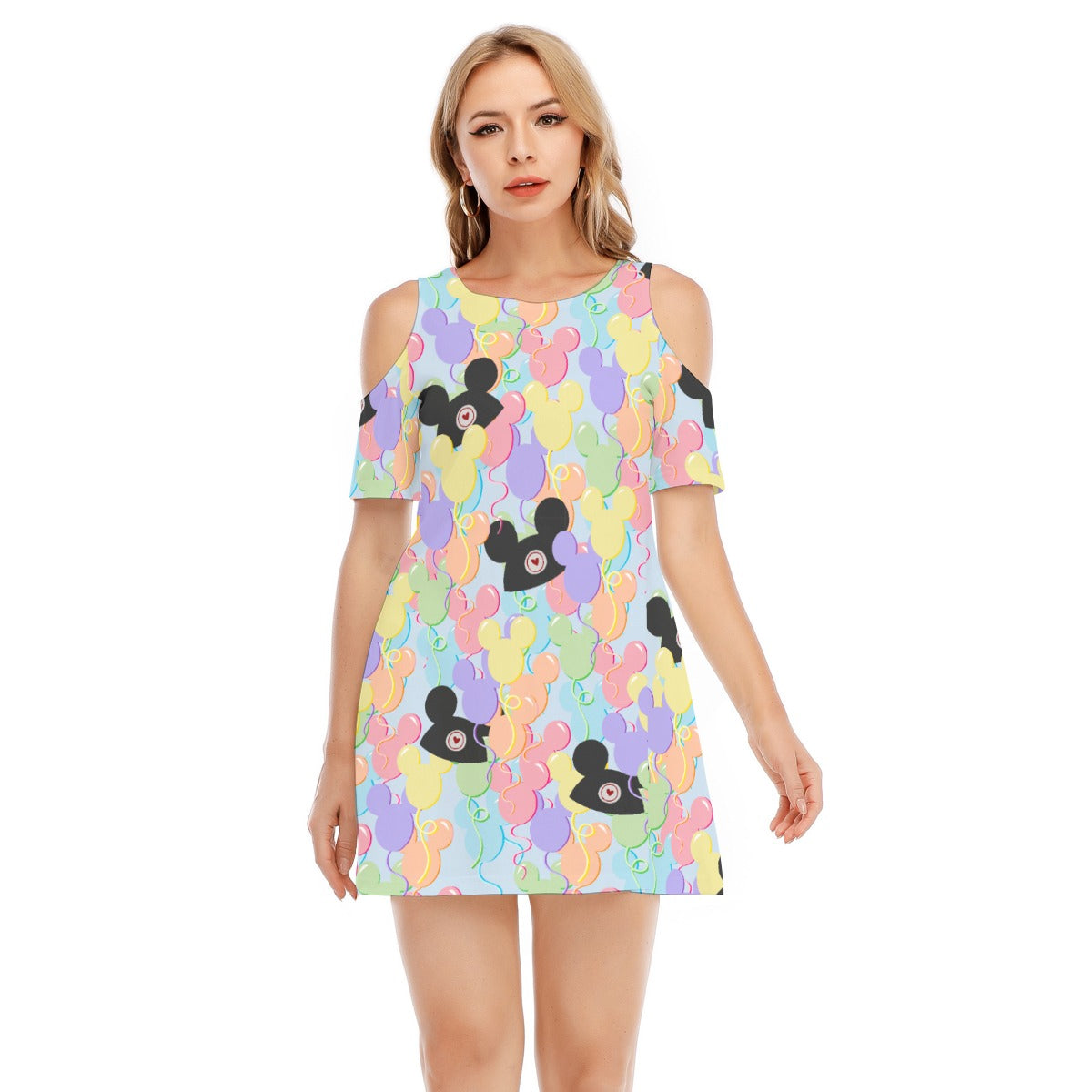 Pastel Mouse Ear Balloons - Women's Cold Shoulder Cotton Dress