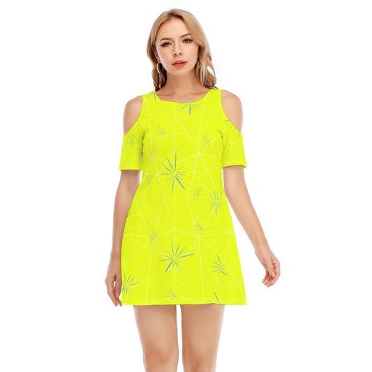 Joyful Blue & Yellow Florals - Women's Cold Shoulder Cotton Dress