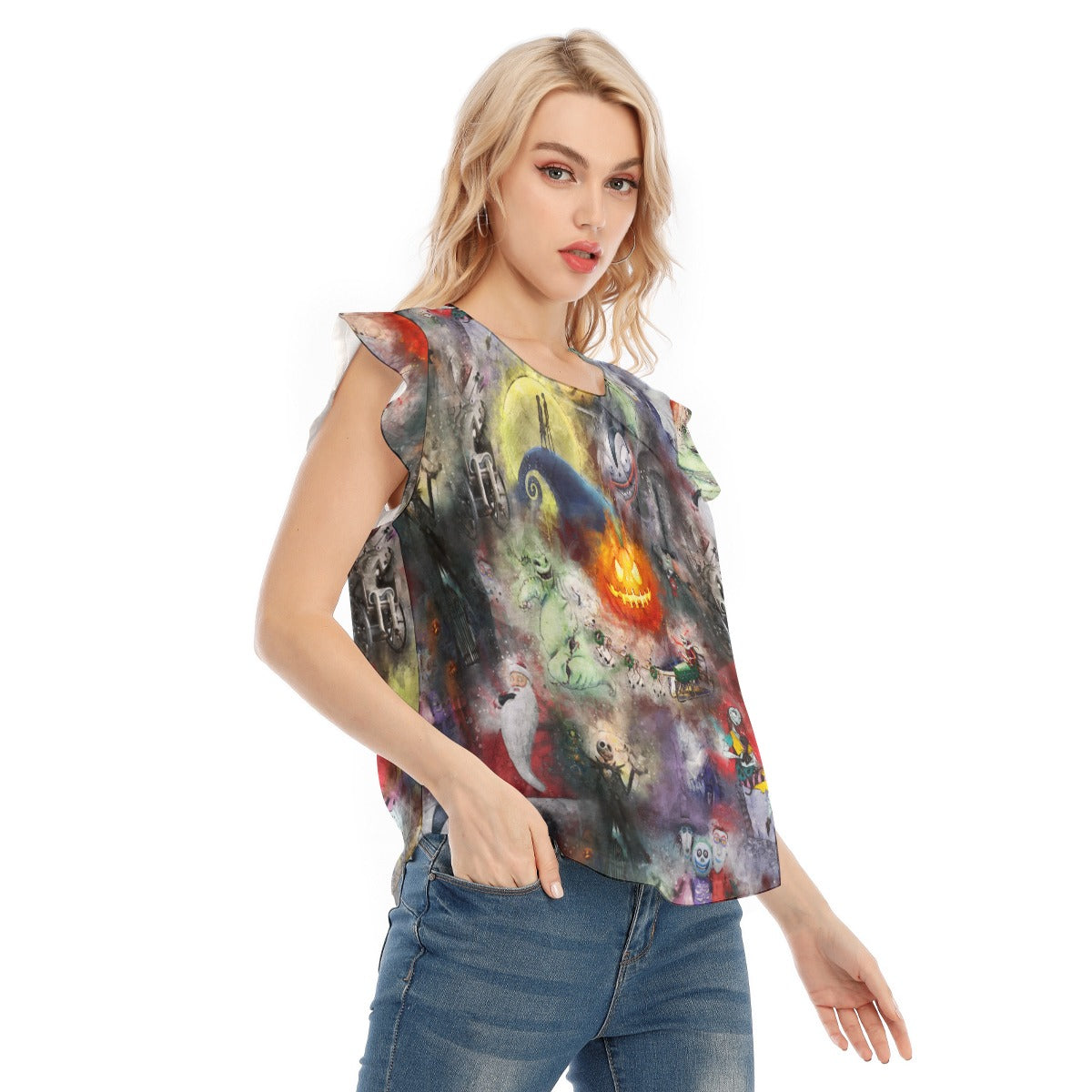 Watercolor Nightmare Town - Women’s Flutter Sleeve Top