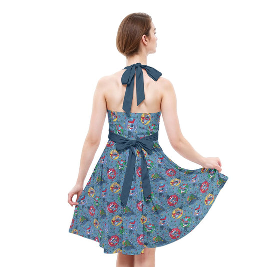 Holiday Baubles with Mischievous Blue Alien - Women's Halter Vintage Pocket Dress