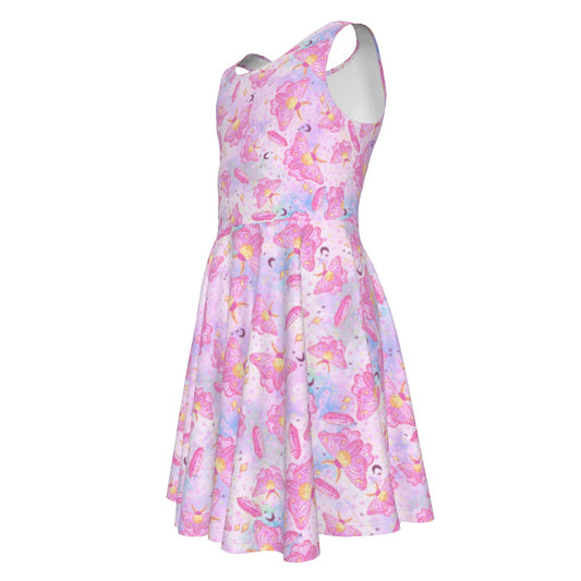 Pink Crystal Lunar Moths - Kid's Sleeveless Skater Dress