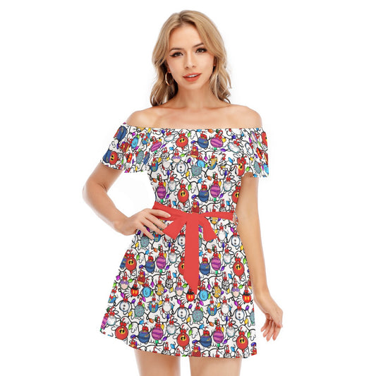 Festive Character Baubles on White - Women's Off-shoulder Ruffle Dress
