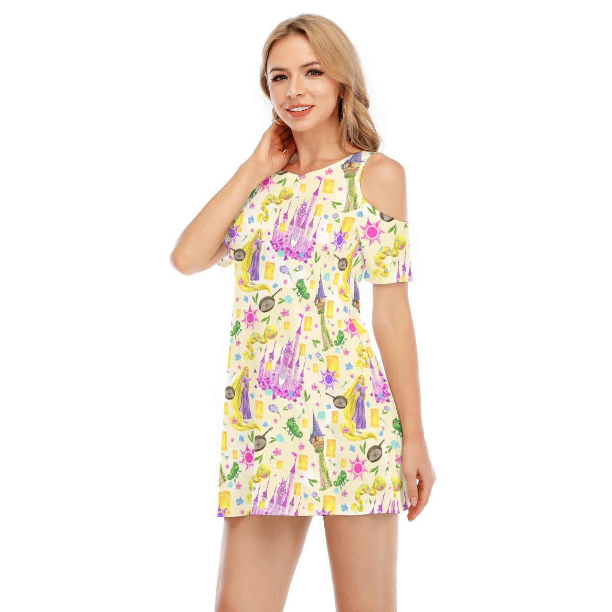 Watercolor Golden Hair Kingdom - Women's Cold Shoulder Cotton Dress