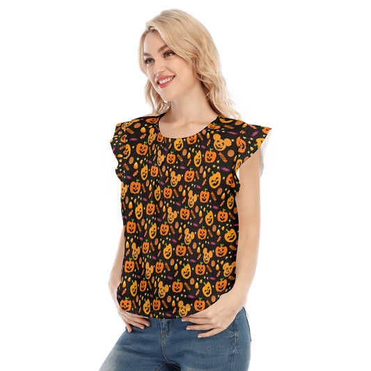 Cheerful Pumpkin Mouse Halloween - Women’s Flutter Sleeve Top