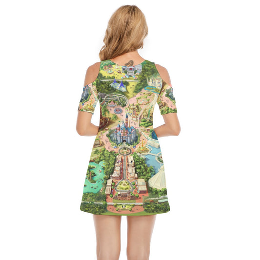 Colorful Theme Park Map - Women's Cold Shoulder Cotton Dress