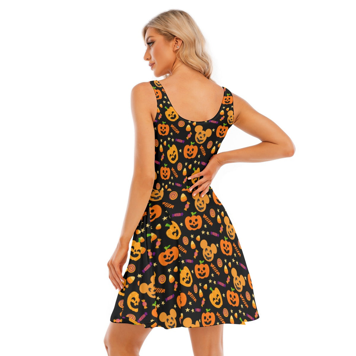 Cheerful Pumpkin Mouse Halloween - Women's Sleeveless Pocket Skater Dress