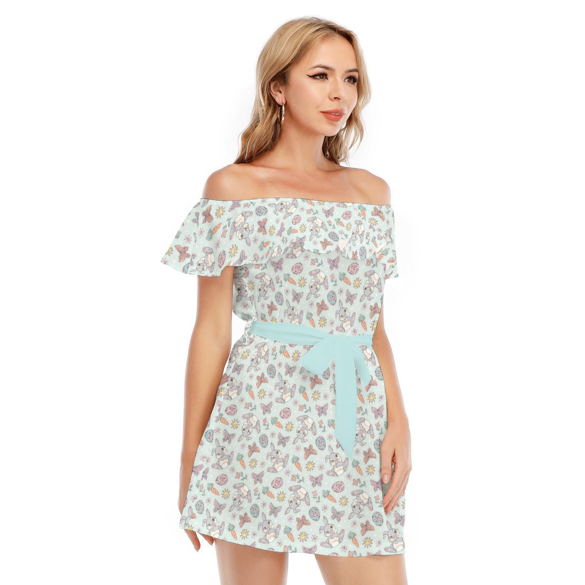 Springtime Bunny Cheer - Women's Off-shoulder Ruffle Dress