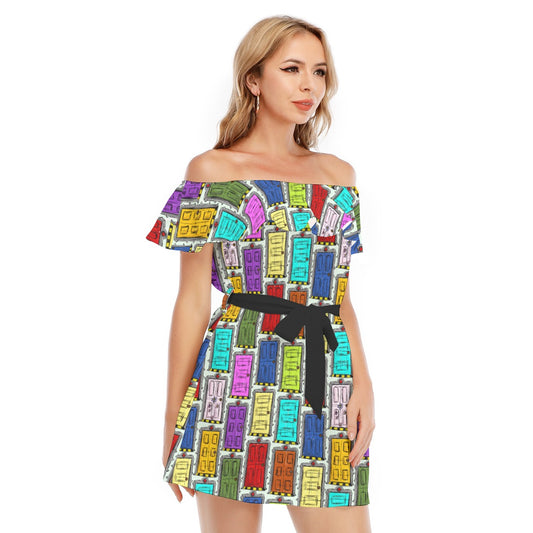 Sketchy Scare Doors - Women's Off-shoulder Ruffle Dress