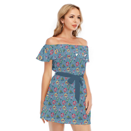 Holiday Baubles with Mischievous Blue Alien - Women's Off-shoulder Ruffle Dress