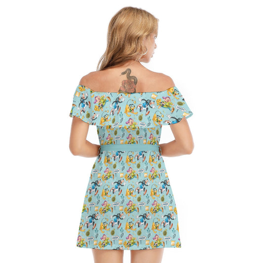 Cheerful Race Day Dashers - Women's Off-shoulder Ruffle Dress