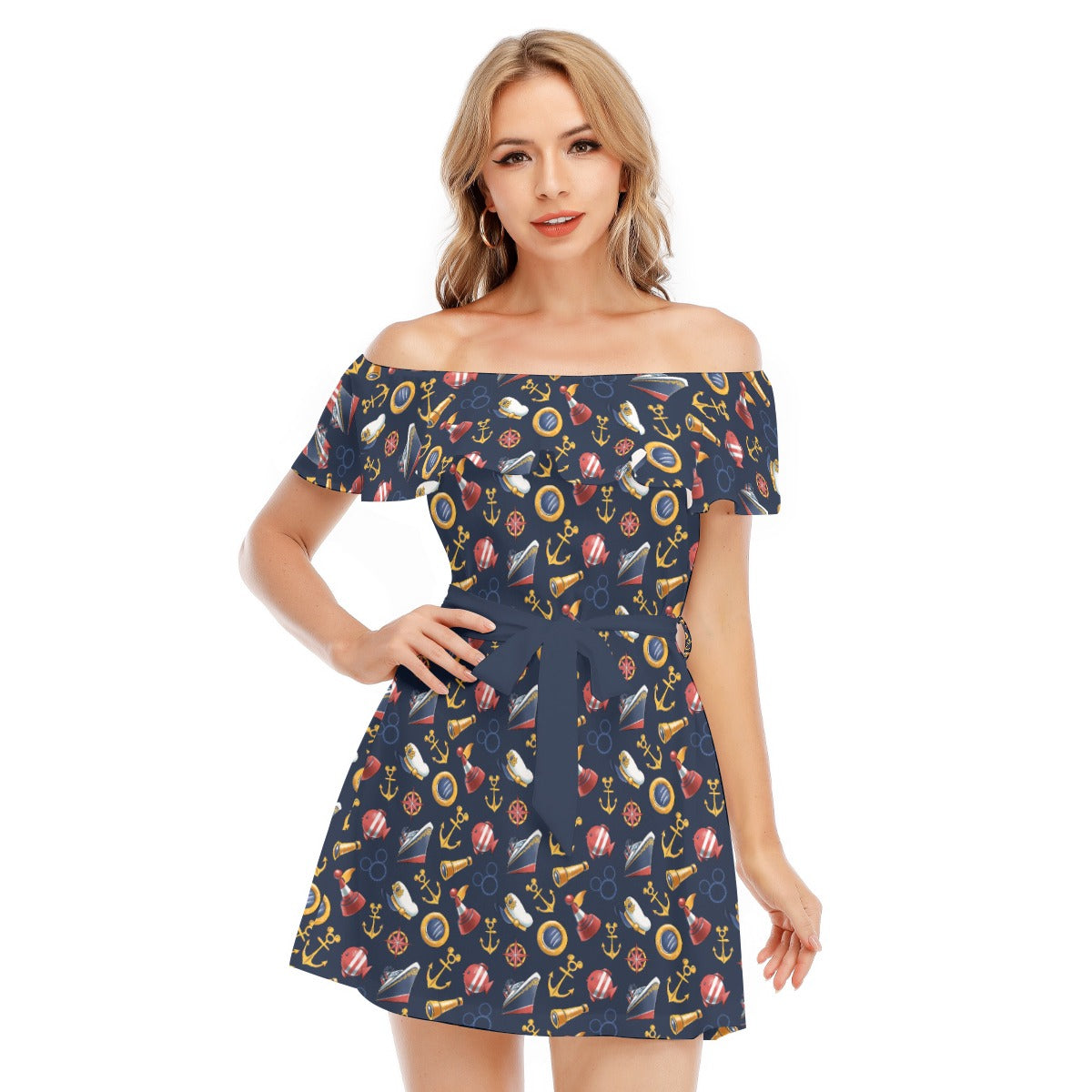 Mouse Ear Nautical Icons - Women's Off-shoulder Ruffle Dress