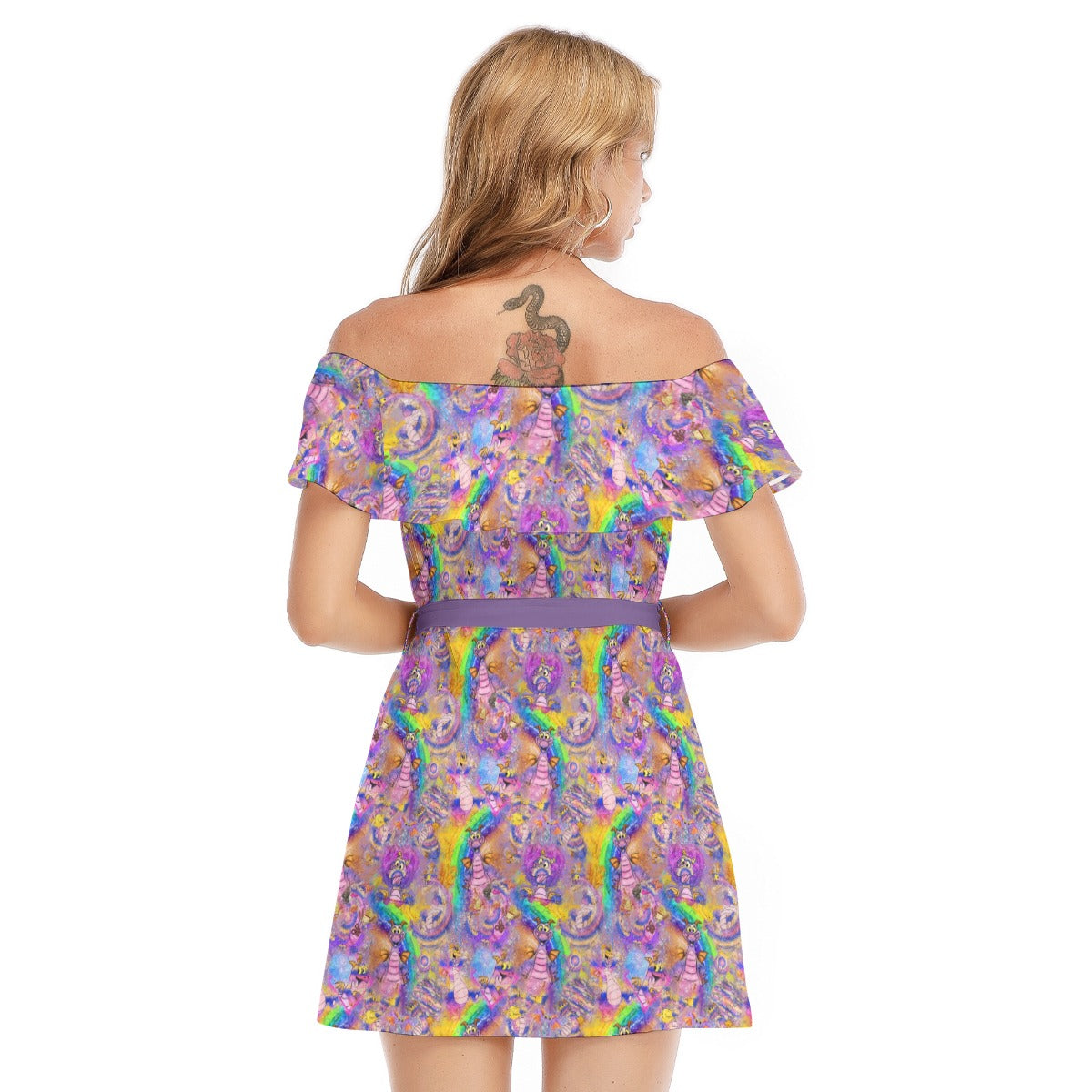 Figment Watercolor Rainbow - Women's Off-shoulder Ruffle Dress