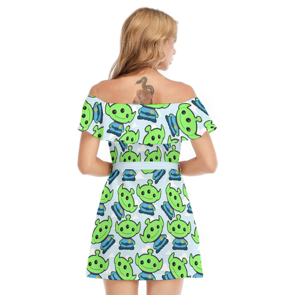 Little Green Space Aliens - Women's Off-shoulder Ruffle Dress