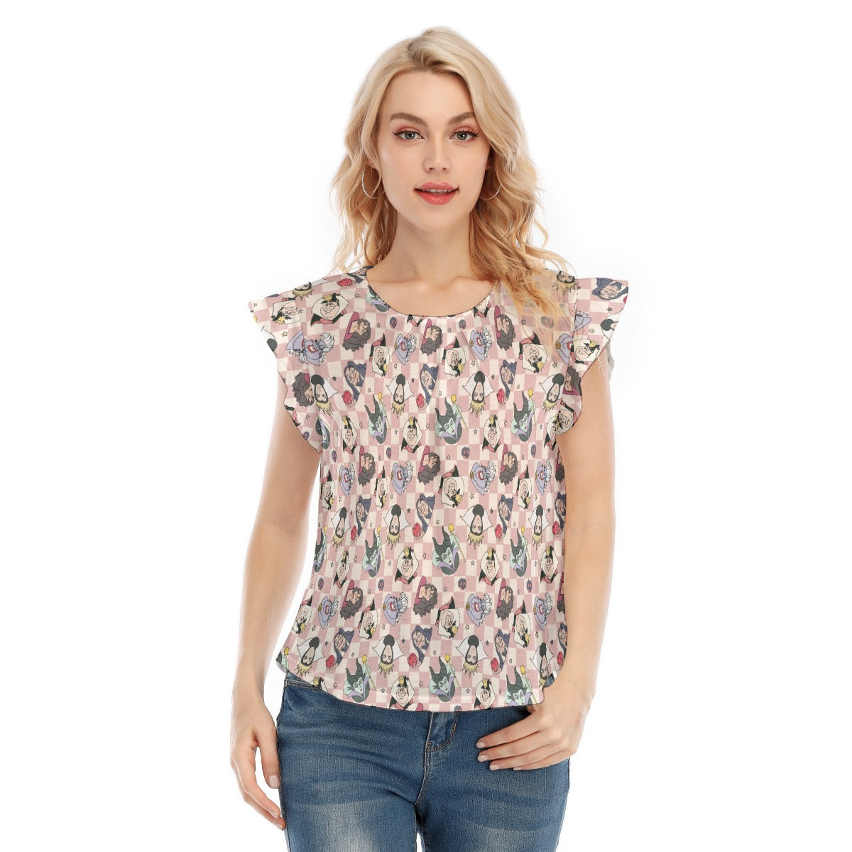 Pink Checkerboard Villains - Women’s Flutter Sleeve Top