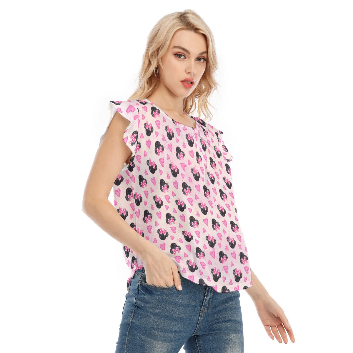 Watercolor Pink Bow Mouse Ears - Women’s Flutter Sleeve Top