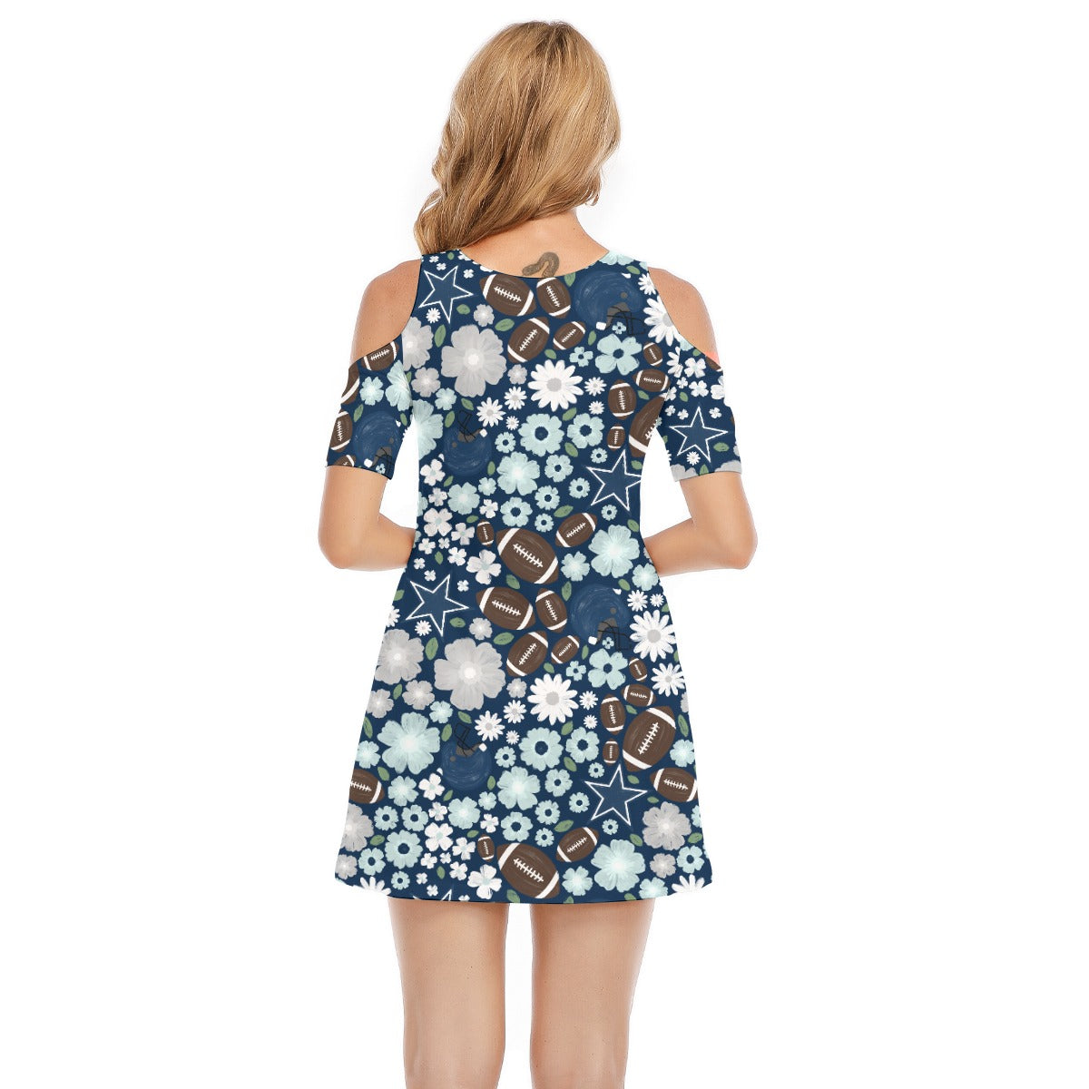 Blue Star Blooms - Women's Cold Shoulder Cotton Dress