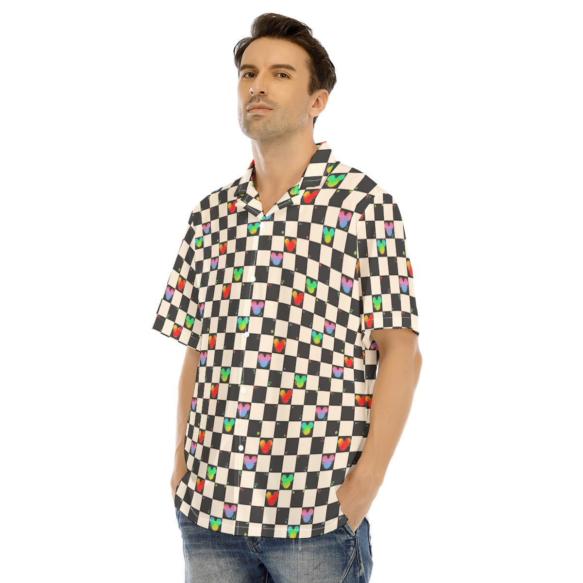 Rainbow Checker Mouse Ears - Men's Hawaiian Button Up Shirt
