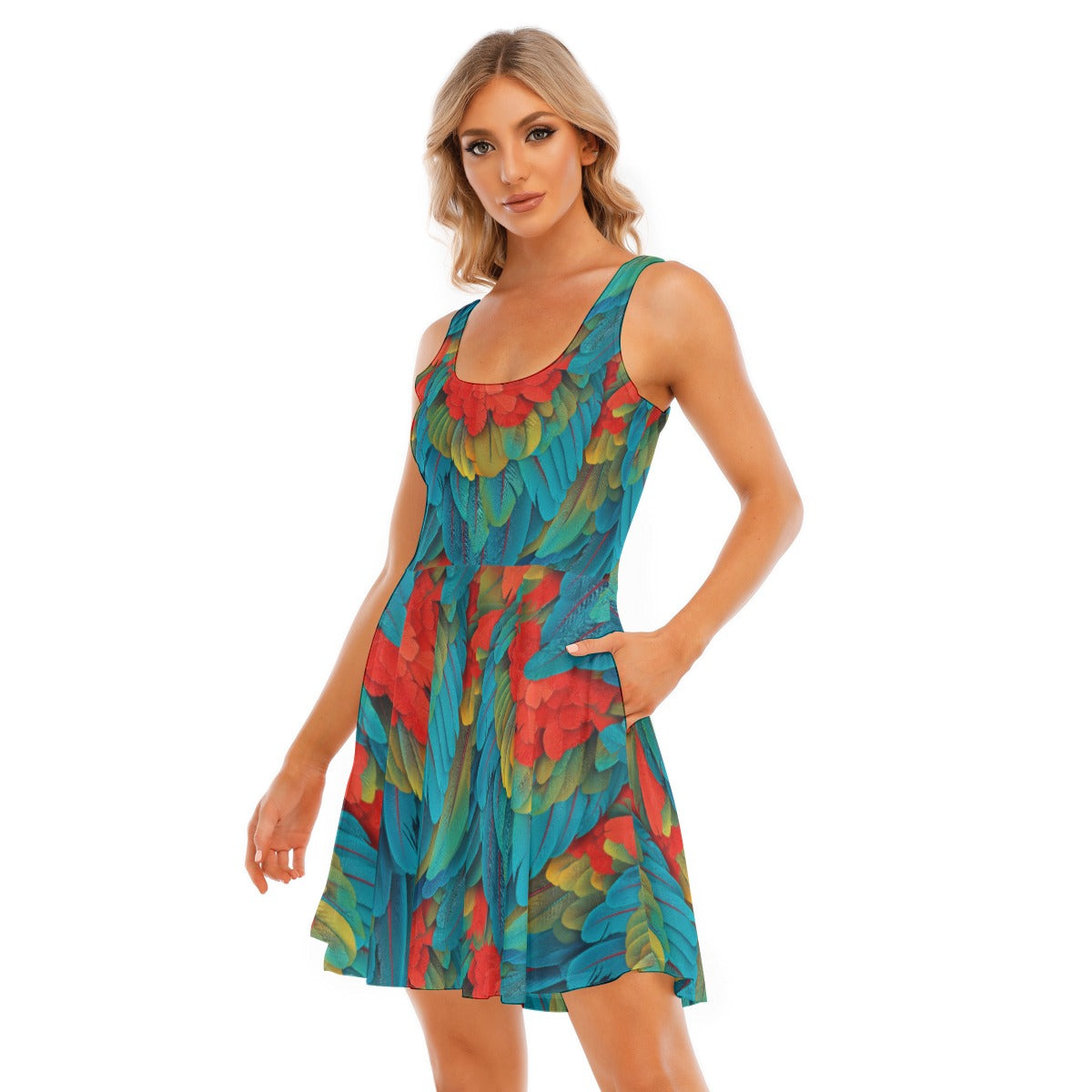 Animal Print - Macaw Parrot - Women's Sleeveless Pocket Skater Dress