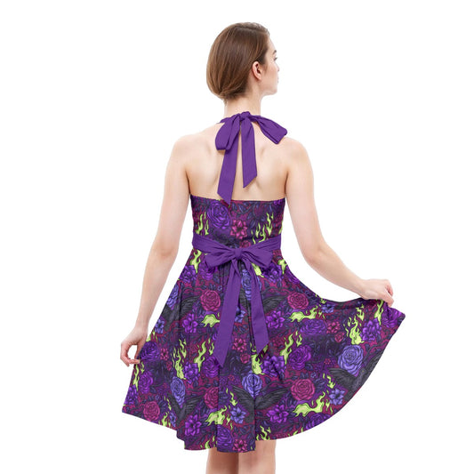 Fairytale Florals - Dark Enchantress - Women's Halter Vintage Pocket Dress