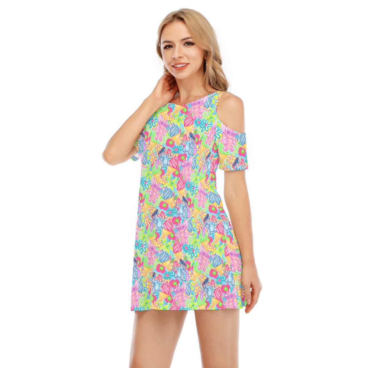 Neon Floral Summer Vibesngel - Women's Cold Shoulder Cotton Dress