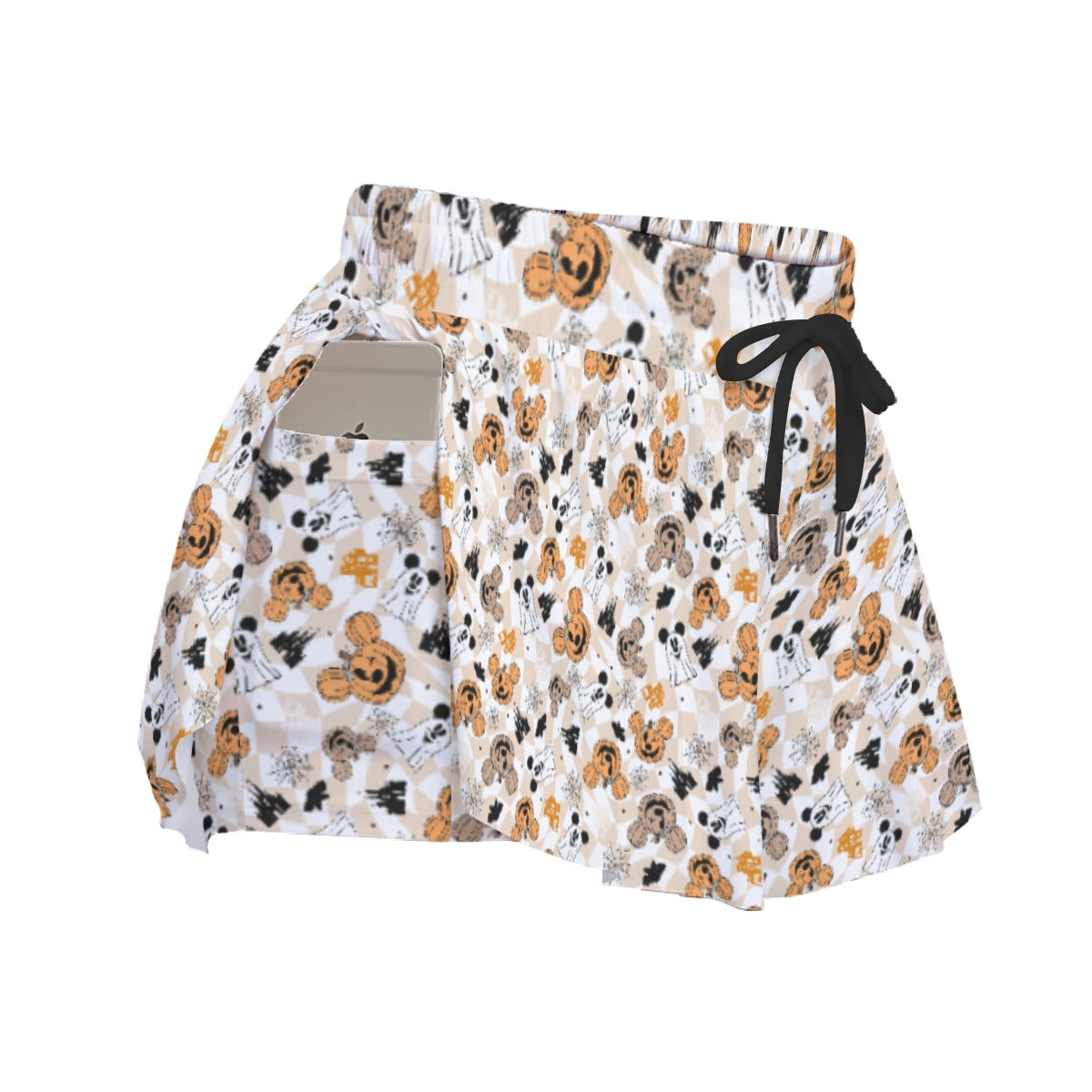 Checkered Halloween Ghosts & Pumpkinskins - Women's Flowy Pocket Shorts