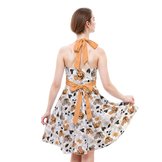 Checkered Halloween Ghosts & Pumpkinskins - Women's Halter Vintage Pocket Dress