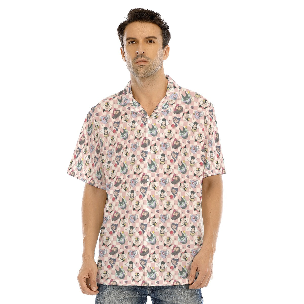 Pink Checker Disney Villains - Men's Hawaiian Button Up Shirt