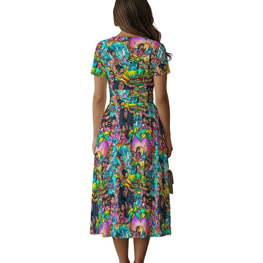 Ohana Island Storybook Scenes - Women's V-Neck Ruched Midi Dress