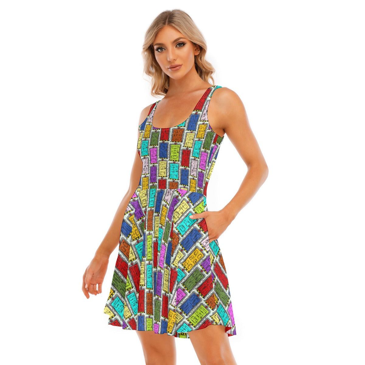 Sketchy Scare Doors - Women's Sleeveless Pocket Skater Dress