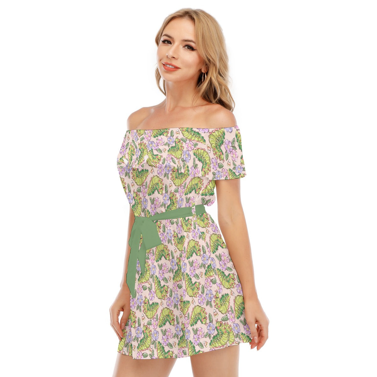 Cheerful Caterpillar Garden - Women's Off-shoulder Ruffle Dress
