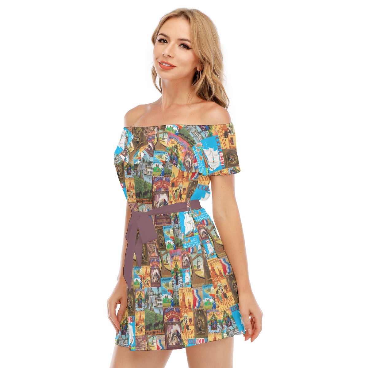 Vintage Frontier Ride Posters - Women's Off-shoulder Ruffle Dress