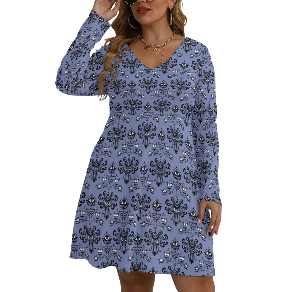 Spooky Mansion Wallpaper - Women’s Long Sleeve High-Waist A-Line Dress