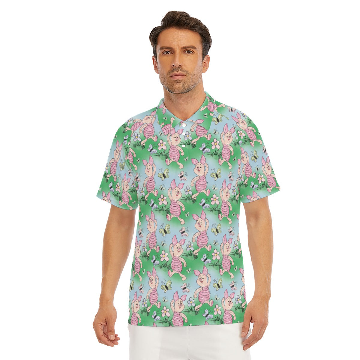 Sketched Shy Friend and Butterflies - Men's Polo Shirt
