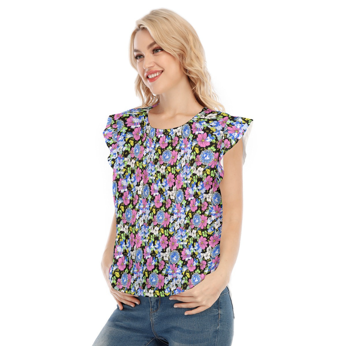 Garden Whimsy - Vintage Mouse Romance - Women’s Flutter Sleeve Top