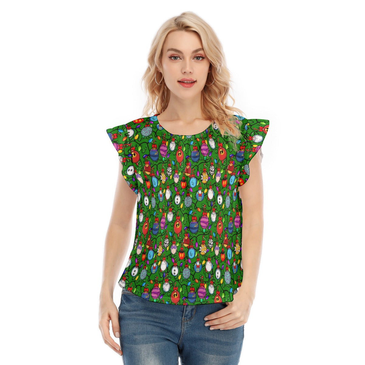 Festive Character Baubles on Green - Women’s Flutter Sleeve Top