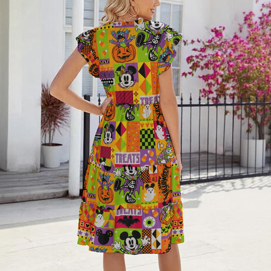 Spooky Patchwork Treats - Women's Tiered Pocket Midi Dress