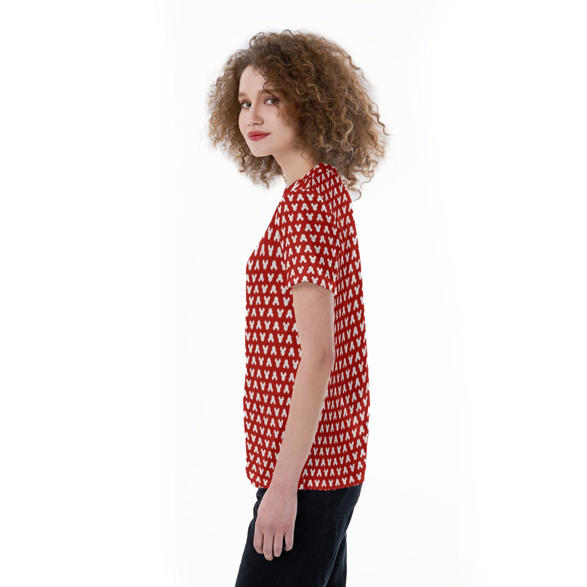 Playful Polka Dot Ears Red - Women's Short Sleeve V-Neck T-Shirt