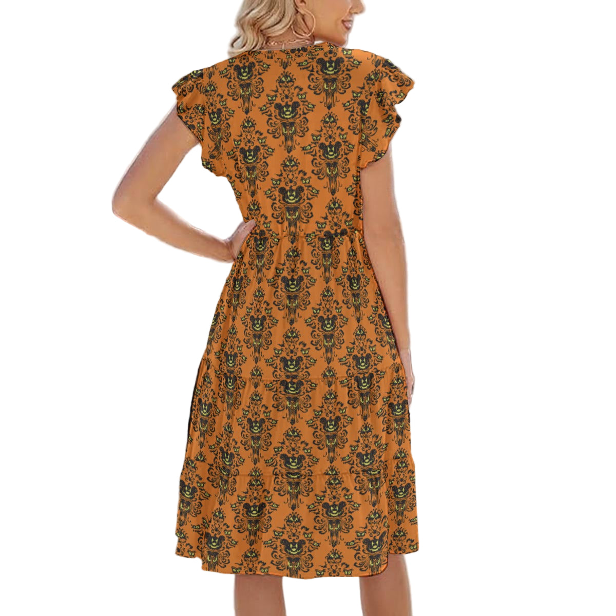 Haunted Halloween Mansion Wallpaper - Women's Tiered Pocket Midi Dress