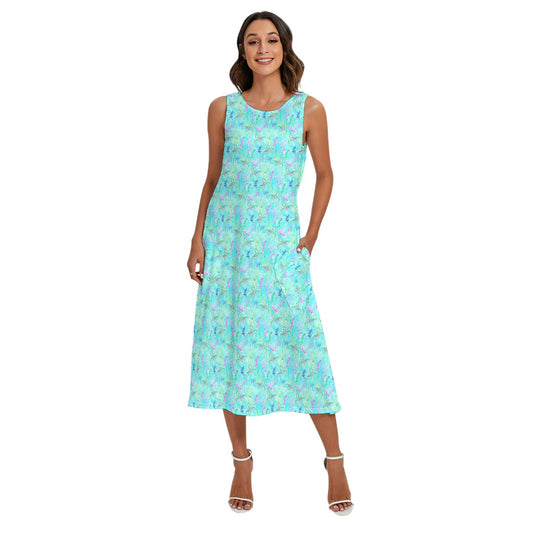Neon Floral Baby Turtle - Women’s Diagonal Pocket Midi Dress