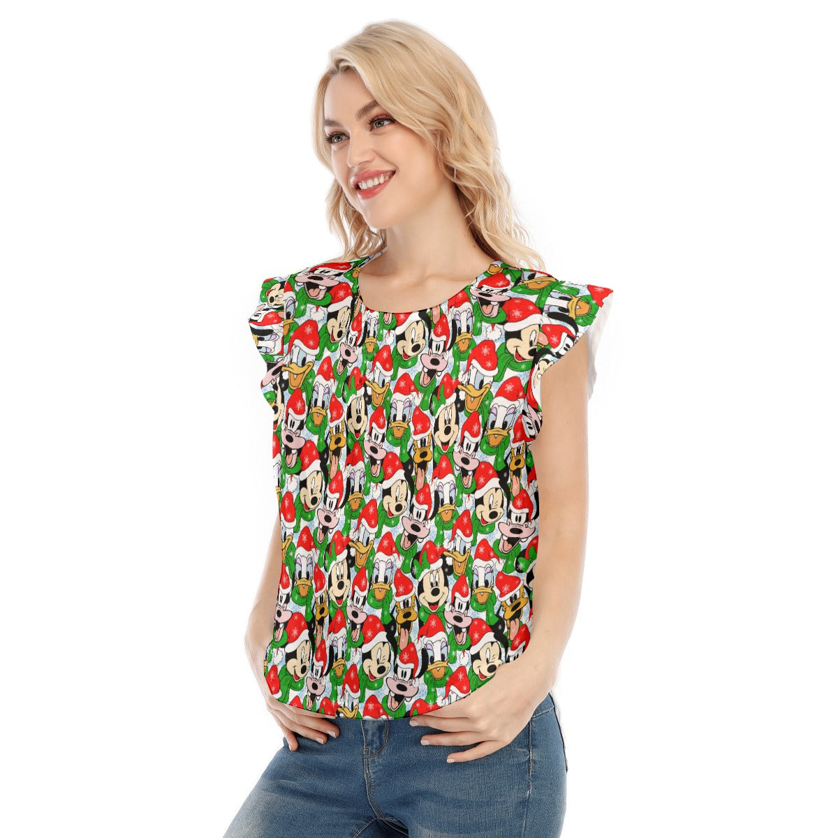 Mouse Friends in Santa Hats - Women’s Flutter Sleeve Top