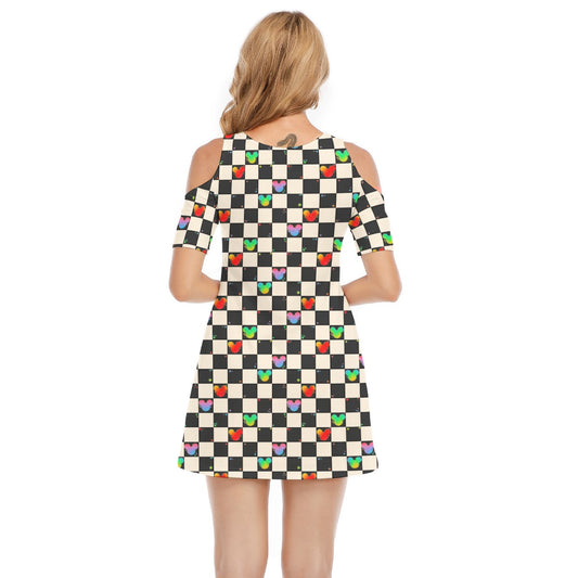 Rainbow Checker Mouse Ears - Women's Cold Shoulder Cotton Dress