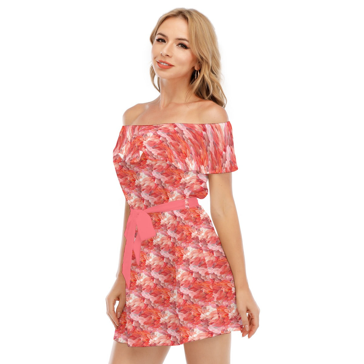 Animal Print - Flamingo - Women's Off-shoulder Ruffle Dress