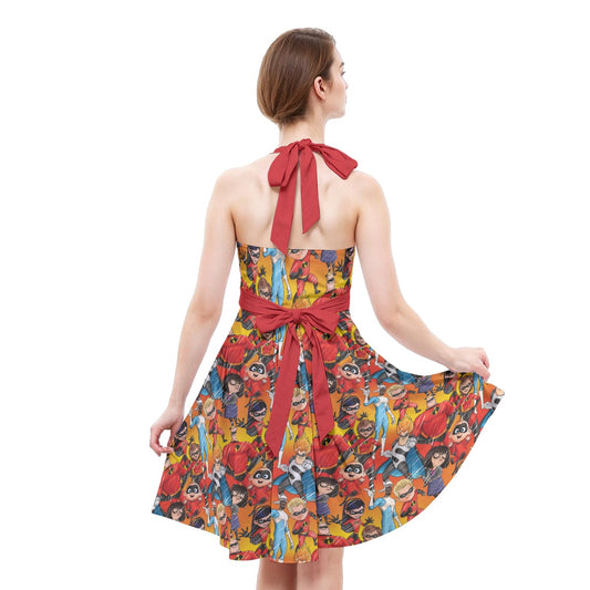 Super Squad Sketched - Women's Halter Vintage Pocket Dress