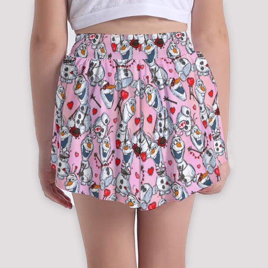 Sketched Snowman Valentine’s Day - Girls’ Flowy Pocket Shorts