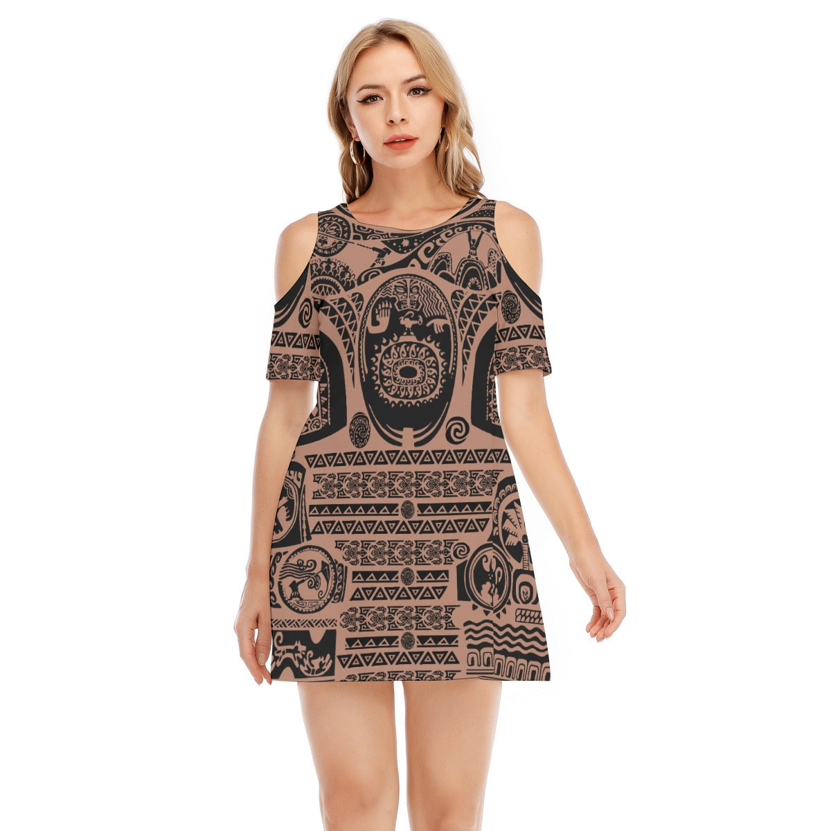 Polynesian Tattoo Motifs - Women's Cold Shoulder Cotton Dress