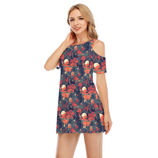 Tropical Dark Side Escape - Women's Cold Shoulder Cotton Dress